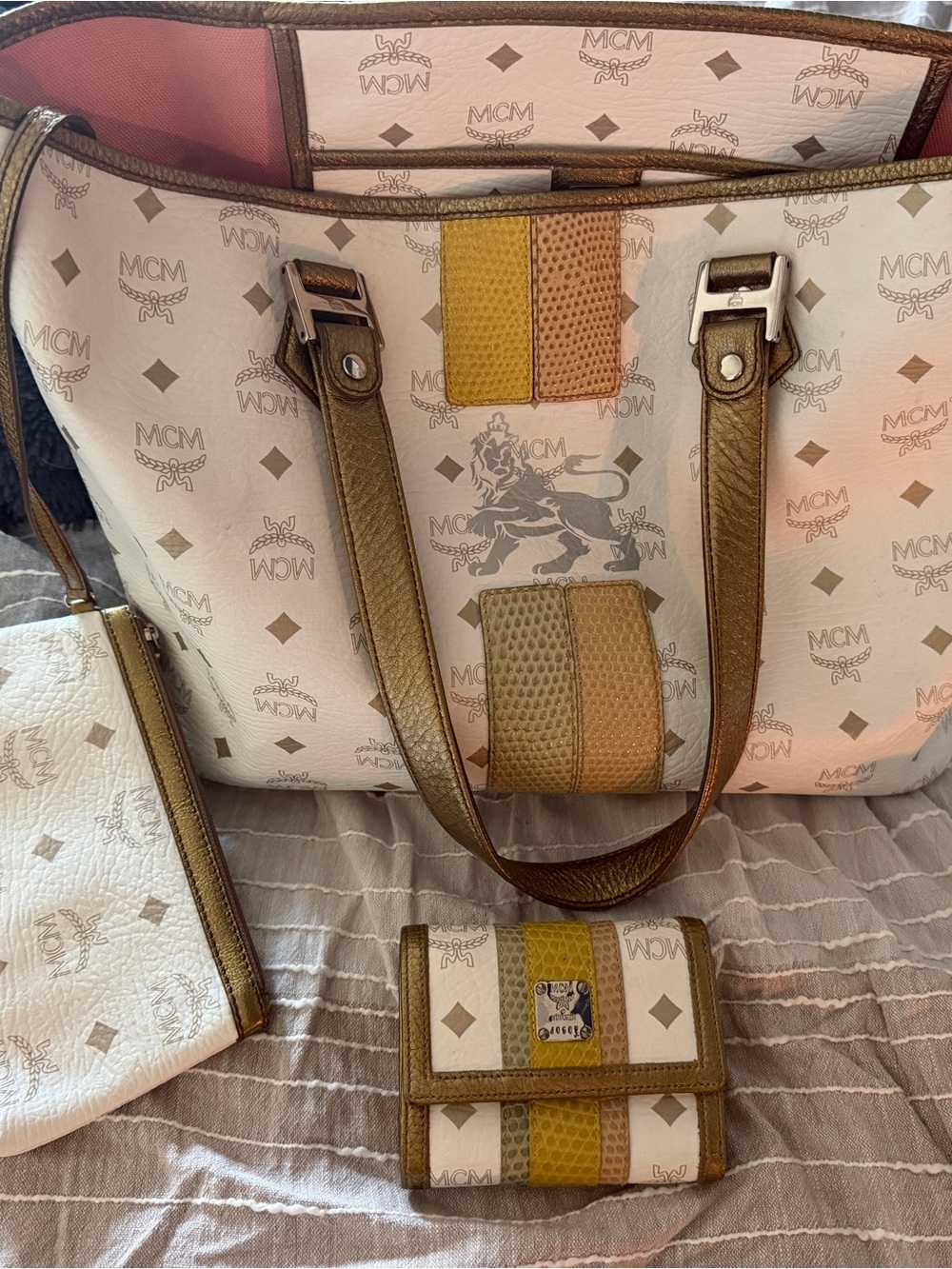 MCM White and Gold Accent Logo Tote with Matching Wallet